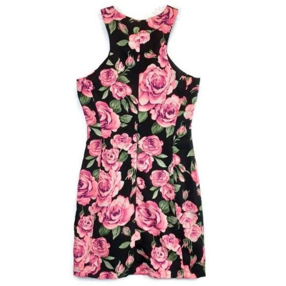 NOOKIE WMNS Sz 4 Neon Pink Accent Rose Floral High Neck Sheath Mini Dress, Lined - Picture 4 of 12